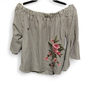 Elegant Off-Shoulder Striped Blouse with Floral Detail